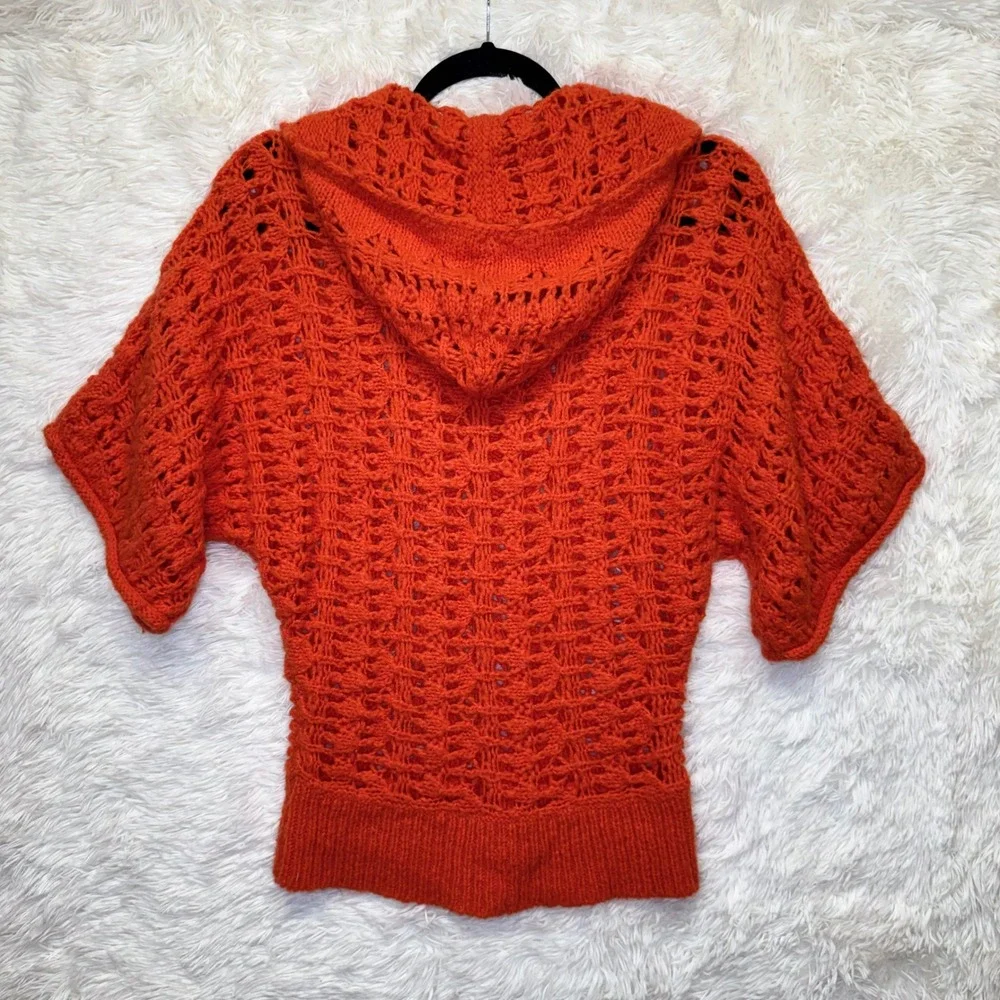 Free‎ People Orange Open Knit Hooded Sweater Wool Blend Henley Button Size Small